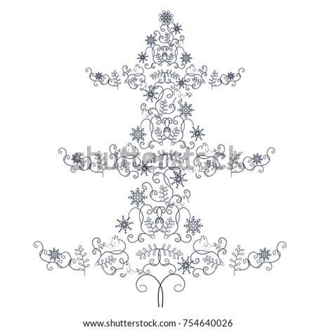 
 Stylised doodle style hand drawn monochrome christmas tree stock vector illustration for design
