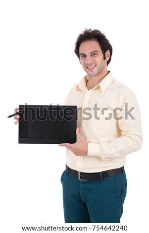 Graphic designer showing his pad tablet. Isolated on white background.