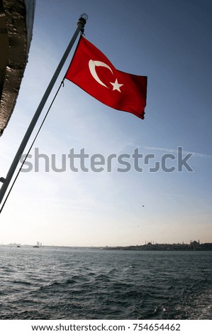 Passenger ferry in Istanbul. Waving Turkish flag. Flying seagulls and sea. Turkey.