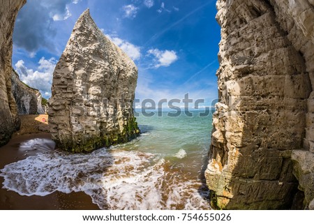 The beach and iconic cliffs at Botany Bay, near Margate and Broadstairs, Thanet District, East Kent, about 80 miles from London, England. Royalty-Free Stock Photo #754655026