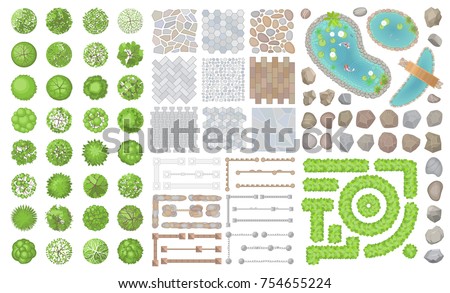 Set of park elements. (Top view) Collection for landscape design, plan, maps. (View from above) Fences, paths, stones, ponds and trees. Royalty-Free Stock Photo #754655224