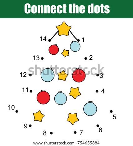 Connect the dots children educational drawing game. Dot to dot by numbers game for kids. Printable worksheet activity for New Year, Christmas holidays theme