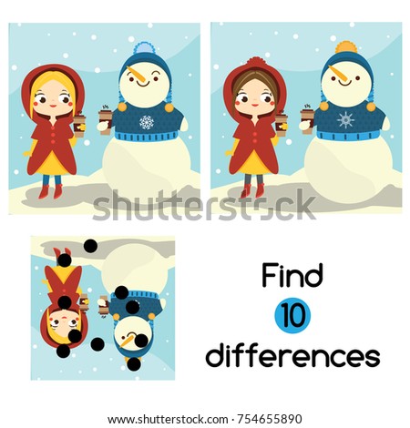 Find the differences educational children game. Kids activity sheet with girl and snowman. Winter outdoor fun theme