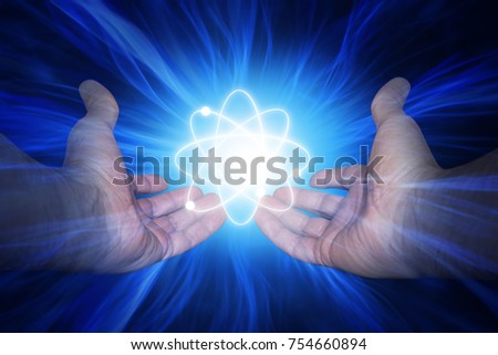 Hands with a molecule and its energy Royalty-Free Stock Photo #754660894