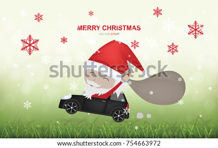 Santa Claus drive a car in green field and light blurred bokeh background . Vector illustration.