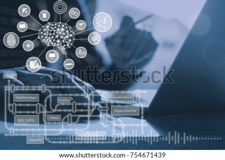Artificial Intelligence AI,  Internet of Things IoT concept. Business man using laptop computer on technology background, deep learning, 4.0 industrial technology development, remote control