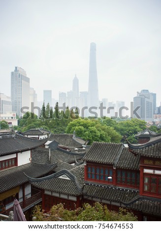 Shanghai skyline view from Yuyuan garden, China