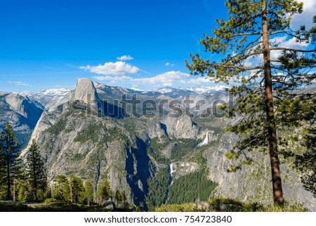 View of Half Dome, Yosemite Valley, Vernal and Nevada Falls from the Glacier Point in the Yosemite National Park, California, USA