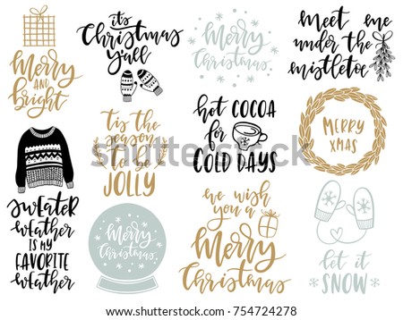 Christmas lettering scandinavian set with holiday Elements. Mittens, cocoa, wreath, mistletoe, gift box. Typographic design. Vector illustration.