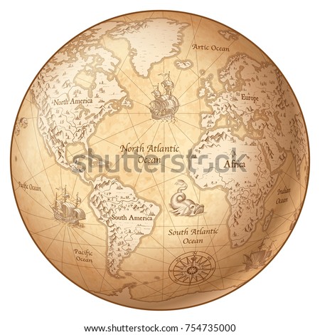 Vector Globe featuring a Vintage illustrated map of the World.