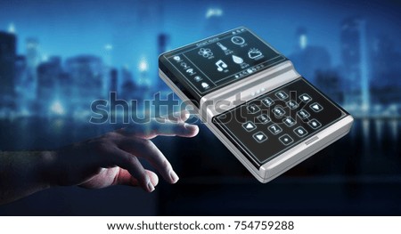 Businessman on blurred background using smart home remote device 3D rendering