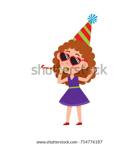 vector flat cartoon girl kid in funny heart glasses, purple dress and party hat faving fun whistling. isolated illustration on a white background. Kids patty concept