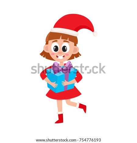 vector flat kids with presents. Young girl in red dress and christmas hat holding big present box with blue wrapping and purple bow smiling. Isolated illustration on a white background.