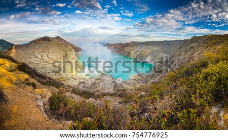 Beautiful scenic picture of Kawah Ijen volcanic mountain located in Surabaya Island of Indonesia.