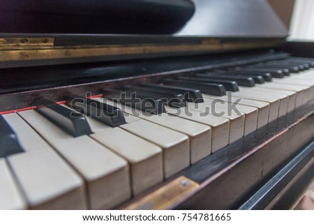 row of piano keys shot in a shallow depth of field 