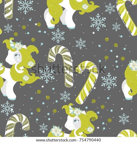 Holiday seamless pattern with Christmas unicorn and festive elements. Vector illustration.