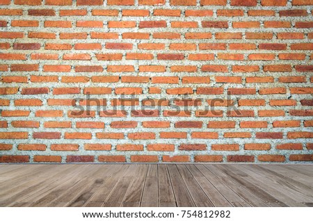 Red brick wall texture grunge background and wooden floor