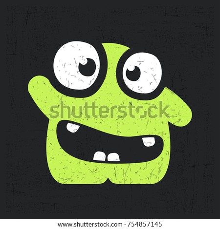 Cute green character with smile and funny emotions on grunge black background. 