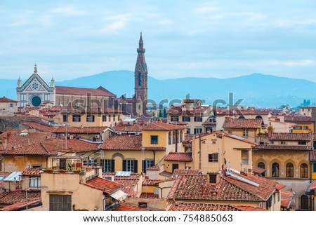 View of Florence from a height from the window in Palazzo Vecchio and Torre d'Arnolfo. Italy