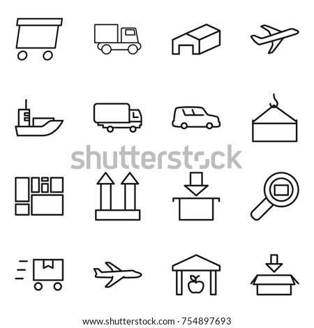thin line icon set : delivery, truck, warehouse, plane, sea shipping, car, loading crane, consolidated cargo, top sign, package, search, fast deliver