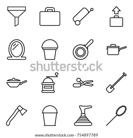 thin line icon set : funnel, suitcase, baggage, mirror, bucket, pan, saute, hand mill, scissors, shovel, axe, plunger, duster