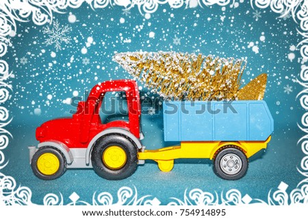 Xmas celebration holiday theme. Tractor Carrying Christmas Tree in trailer on snowfall background. Snowflakes with Christmas toys. New Year concept.
