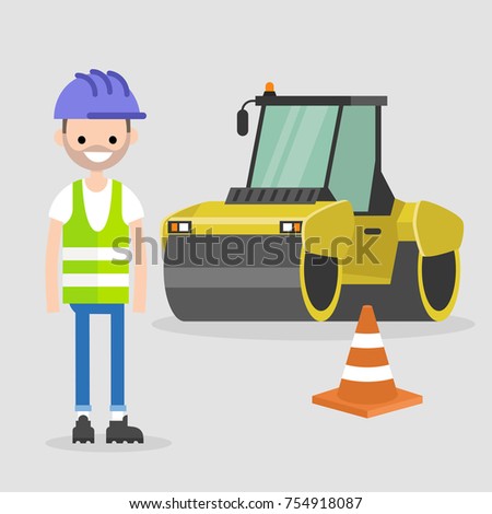 Young engineer wearing a hard hat and a reflecting vest. Asphalt paving works. Industrial illustration. Yellow steamroller and orange cone. Flat vector illustration, clip art. 