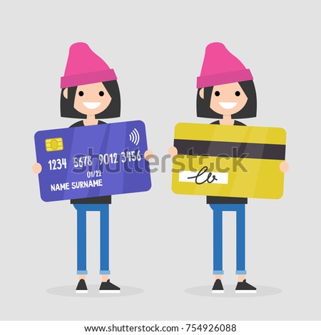 Personal finances. Bank account. Young character holding a plastic card: front and back sides. Wireless transaction. Contactless payment. Flat editable vector illustration, clip art