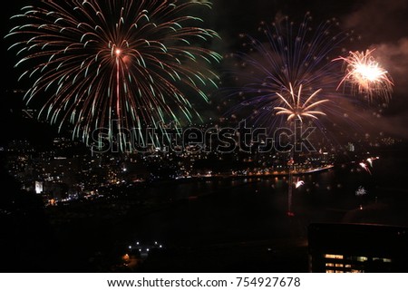 The view of wonderful fireworks festival from Atami castle hill in Atami, Izu, Shizuoka.
