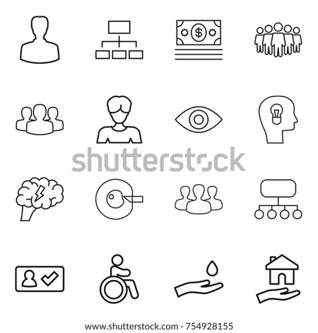 thin line icon set : man, hierarchy, money, team, group, woman, eye, bulb head, brain, cell corection, structure, check in, invalid, hand and drop, housing