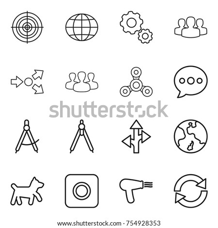 thin line icon set : target, globe, gear, group, core splitting, spinner, balloon, draw compass, drawing compasses, route, earth, dog, ring button, hair dryer, reload