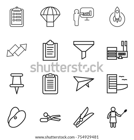 thin line icon set : clipboard, parachute, presentation, rocket, up down arrow, funnel, mall, pin, deltaplane, hotel, beans, scissors, clothespin, woman with duster