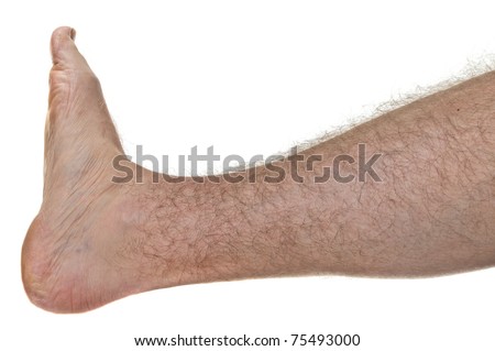 One mans hairy leg isolated on white background