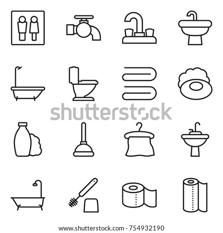 thin line icon set : wc, water tap, sink, bath, toilet, towel, soap, shampoo, plunger, hanger, brush, paper