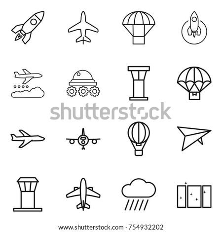 thin line icon set : rocket, plane, parachute, weather management, lunar rover, airport tower, delivery, air ballon, deltaplane, airplane, rain cloud, clean window