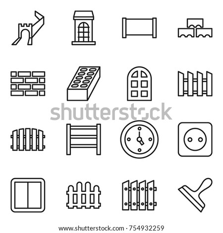 thin line icon set : greate wall, building, fence, block, brick, arch window, rack, watch, power socket, switch, scraper