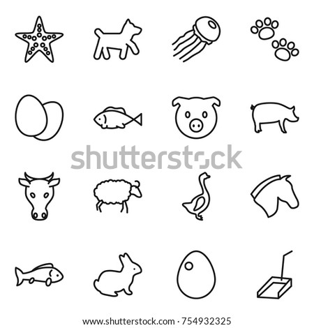 thin line icon set : starfish, dog, jellyfish, pets, eggs, fish, pig, cow, sheep, goose, horse, rabbit, egg, scoop