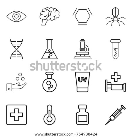 thin line icon set : eye, brain, hex molecule, virus, dna, flask, microscope, vial, chemical industry, uv cream, hospital, first aid, thermometer, pills bottle, syringe