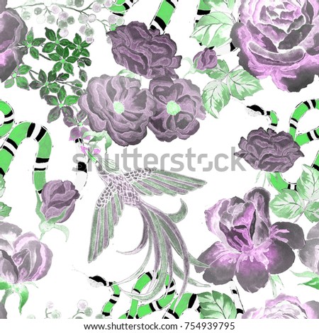 Fashion print. Watercolor seamless pattern with tropical leaves, bird, snake. Exotic background.