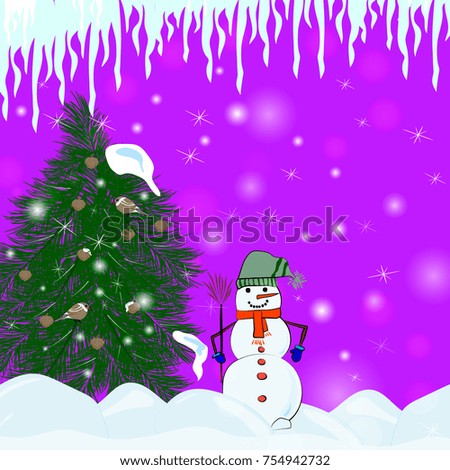 New Year's winter card. A Christmas tree and a snowman with birds and cones in the snow. Vector illustration