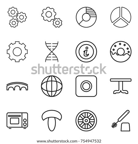 thin line icon set : gear, circle diagram, dna, info, donut, bridge, globe, ring button, table, grill oven, mushroom, wheel, toilet brush