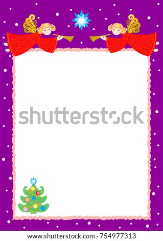 two christmas angels with a trumpet on a violet background, card, vector illustration