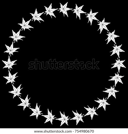 Isolated vector abstract frame. Silhouetted round white wreath of repeating tree leaves on black background.