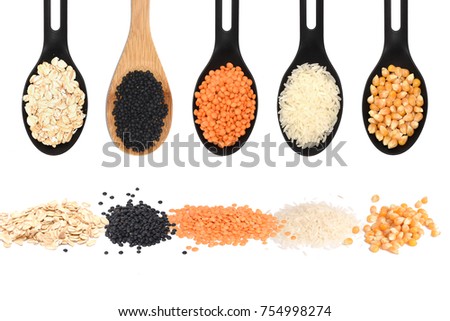 spoons with various legumes isolated on a white background. healthy vegan food