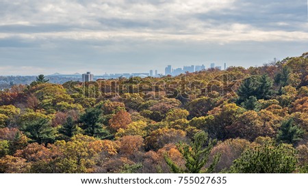 View of the Boston skyline from Middlesex Fells (Melrose, MA) with fall foliage.