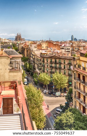 Aerial view over the rooftops of the Eixample district in Barcelona, Catalonia, Spain