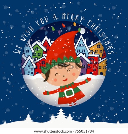 Cartoon illustration for holiday theme with elf on winter background. Greeting card for Merry Christmas and Happy New Year. Vector illustration