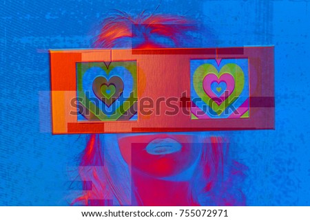 head of a woman with 2 video screens as eyes. the screens have hypnotic hearts on them