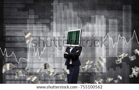 Business woman in suit with monitor instead of head keeping arms crossed while standing against flying dollars and analytical charts drawn on wall on background. 3D rendering.