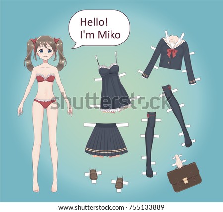 Anime manga girl. A paper doll for playing girls. In lace underwear, bra, shirt, school suit with bows. Cartoon character in Japanese style.